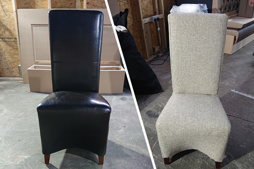 Leather dining chair reupholstered to fabric